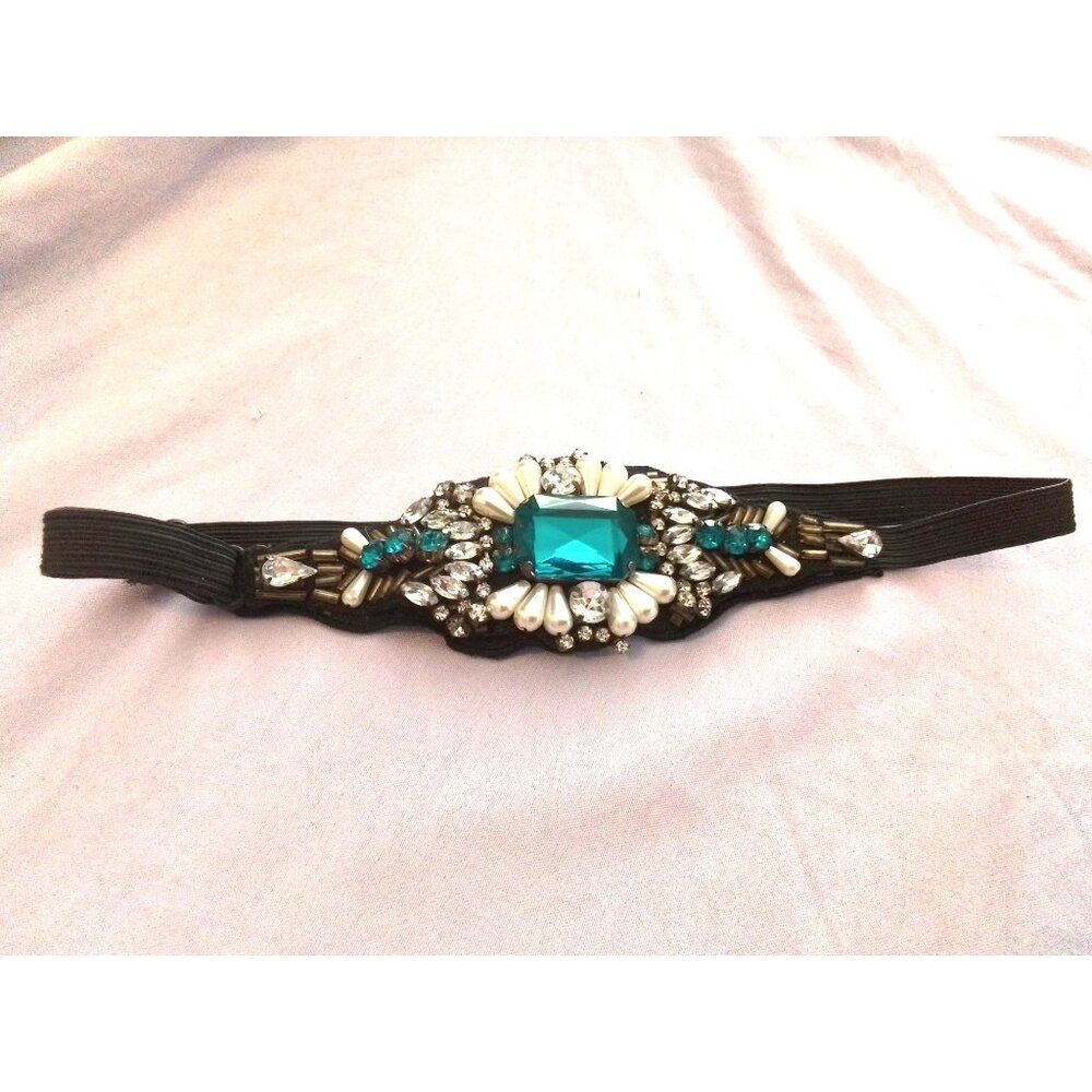 Elastic Black Headband With Turquoise & White Crystal Beads